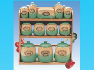 Stoneware 12-pc Canister Set with Wooden Rack 