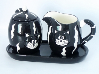 Ceramic Black Cat Sugar and Creamer With Tray