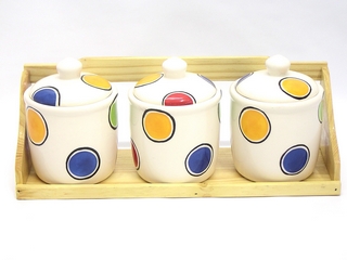 Ceramic Dot Color 3-pc Sugar pot with Wooden Tray