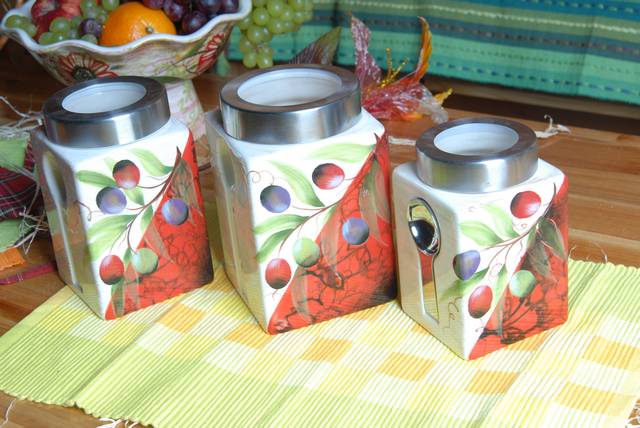 Ceramic Canister Set with Stainless Lid and Spoon,3pcs