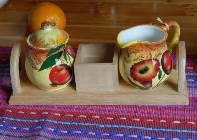 Ceramic Sugar and Creamer with Wooden Tray