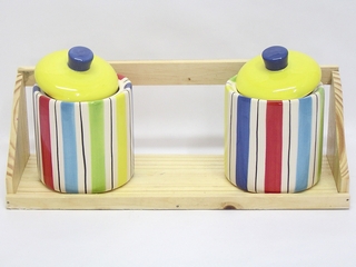Ceramic Stripe Color 3-pc Sugar pot With Wooden Tray(set of 4)