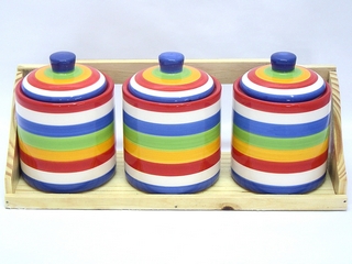 Ceramic Round Stripe Color 3-pc Sugar pot on Wooden Tray(set of 4)