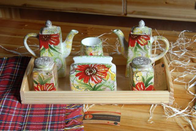 Ceramic Condiment Set with Wooden Tray