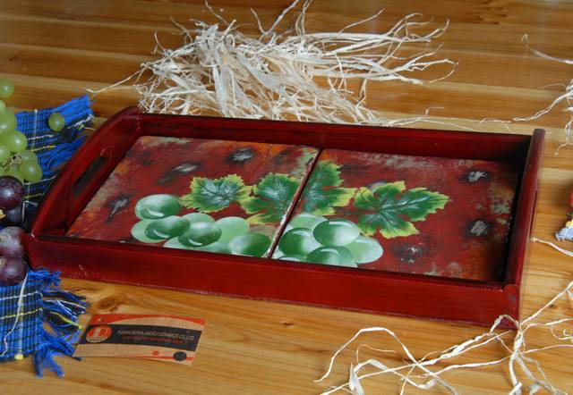 Wooden Tray with 2  6  x 6 tiles