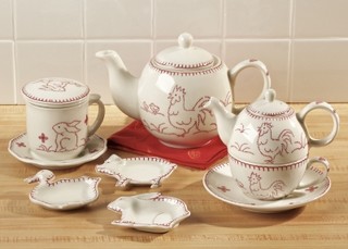Porcelain 12-pc Blanket Stitch Rooster Tea Set