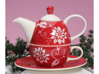 Stoneware tea for one set (red flower)