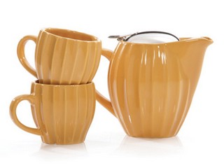 Stoneware textured i-pot set for two, 24 oz pot (mineral yellow), two 6 oz mugs 