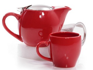 Stoneware i-pot set for one (scarlet), 17 oz pot, 6 oz mug 