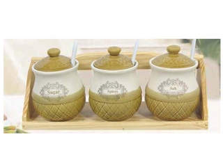 Stoneware 3-pc Canister Set with Wooden Tray(set of 4)