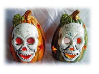 Terra Cotta Halloween Pumpkin Skull Candleholder 