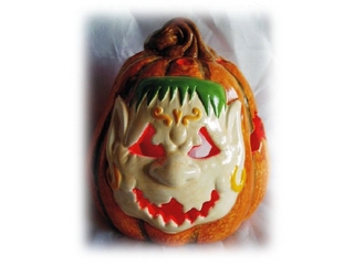 Terra Cotta Halloween Pumpkin Skull Candleholder 