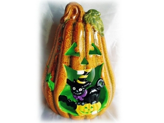 Terra Cotta Halloween Pumpkin Cat Candleholder